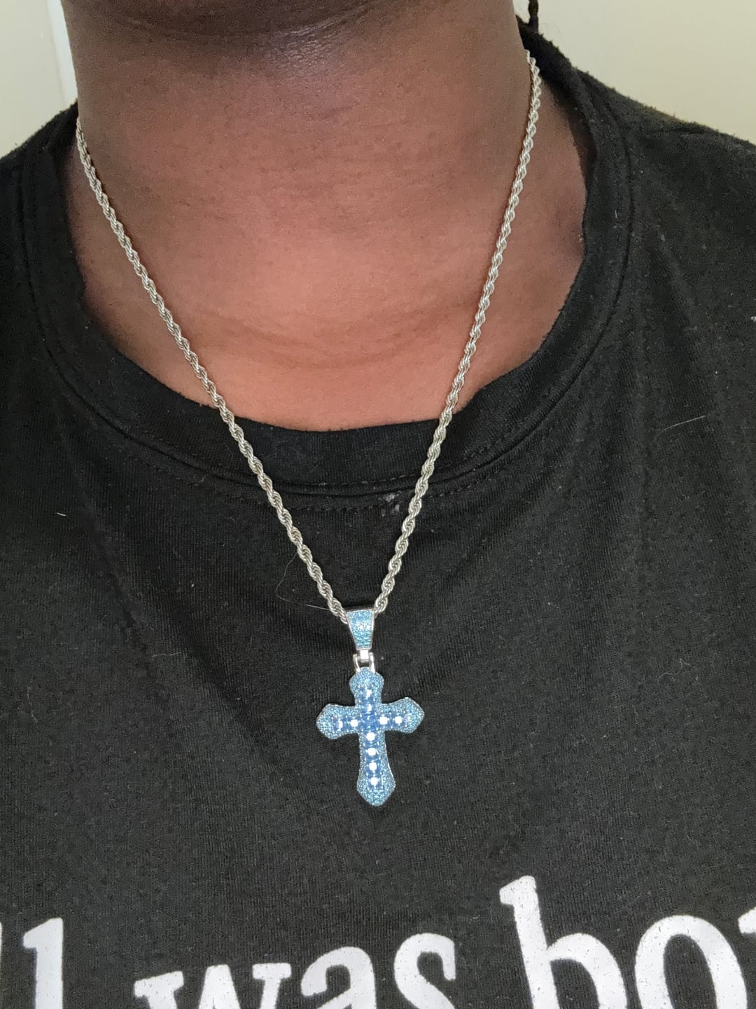 Customer photo review of BLUE CROSS PENDANT. - WHITE GOLD