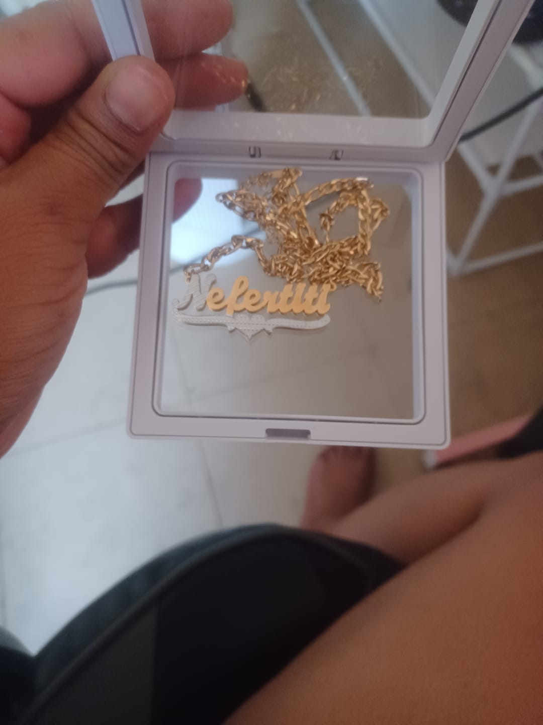 Customer photo review of Double Plated Script Name Necklace w/ Figaro Chain