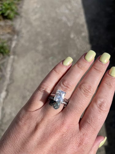 Customer photo review of Classic Solitaire Radiant Moissanite Four Prong Polish Engagement Ring