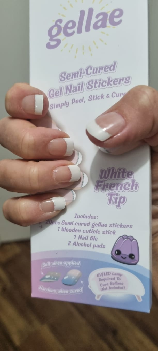 Customer photo review of White French Tip Glitter DIY Semicured Gel Nail Sticker Kit