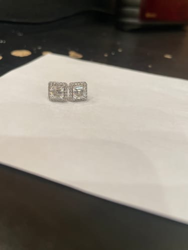 Customer photo review of Certified VVS1 Asscher Cut Halo Moissanite Earrings