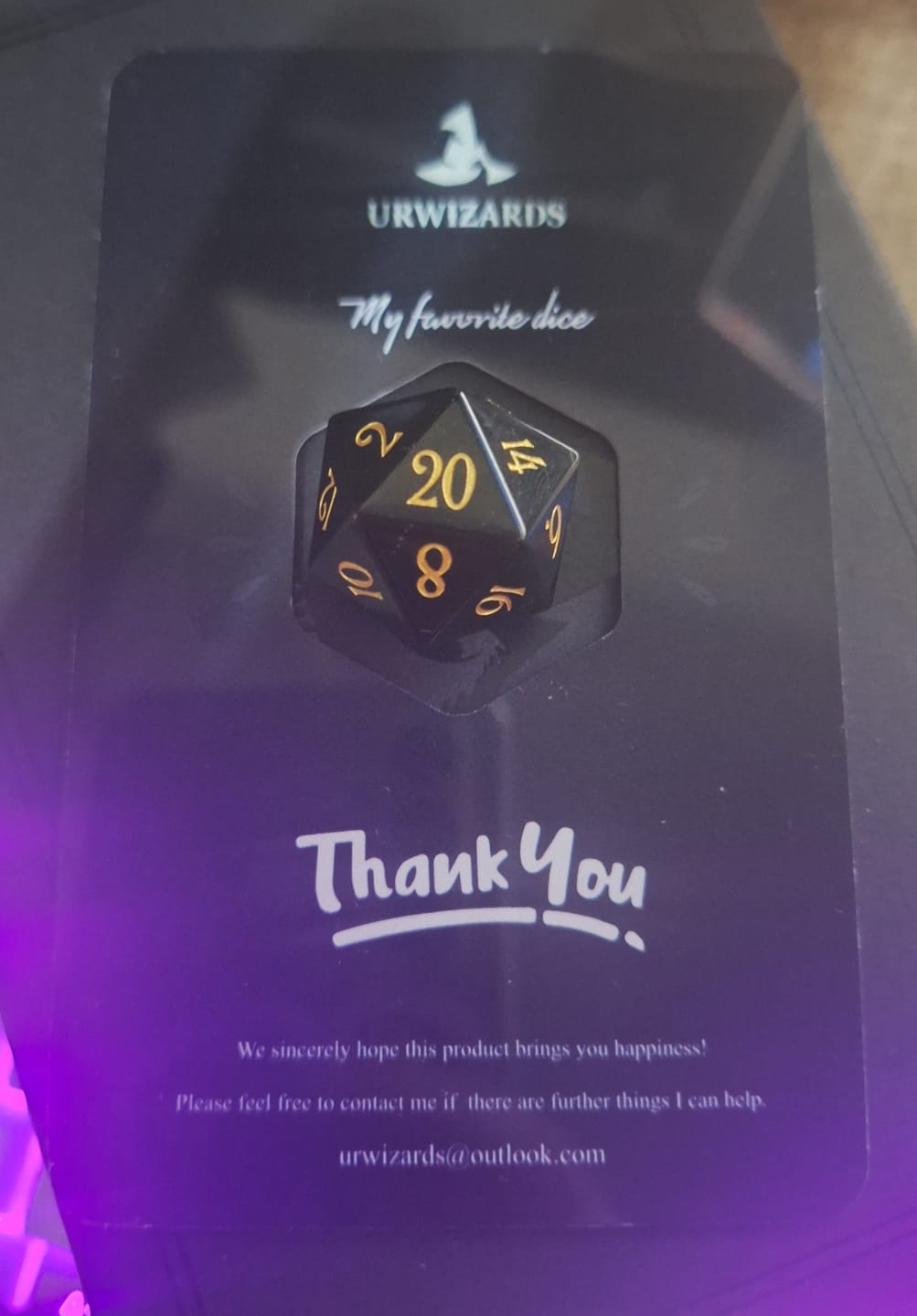 Customer photo review of URWizards D&D Engraved Gemstone D20 Dice