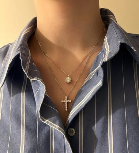 Customer photo review of Veritas Silver Moissanite Cross Necklace with Box Chain