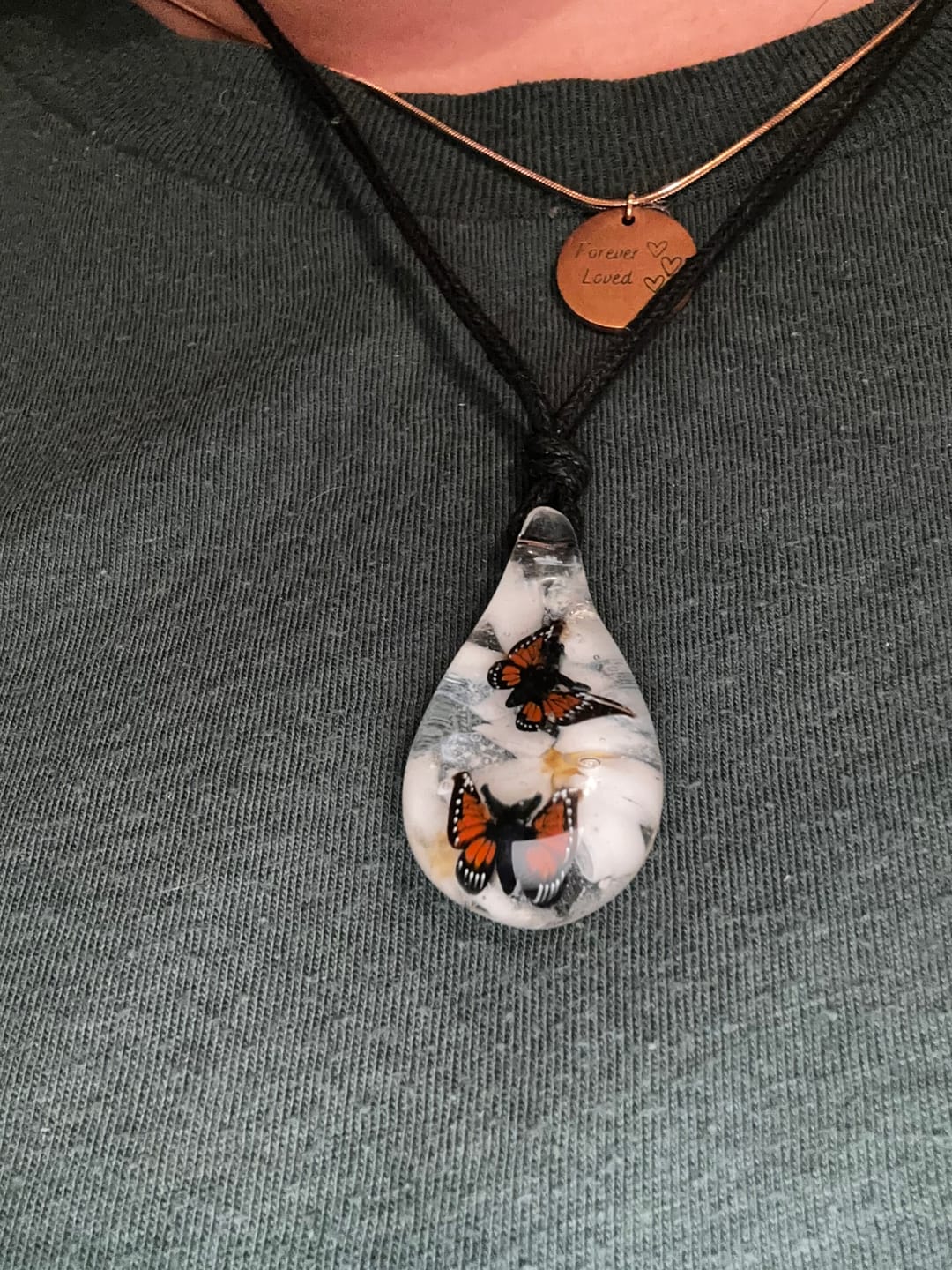 Customer photo review of Double Butterfly Pendant with Flowers and Infused Cremation Ashes
