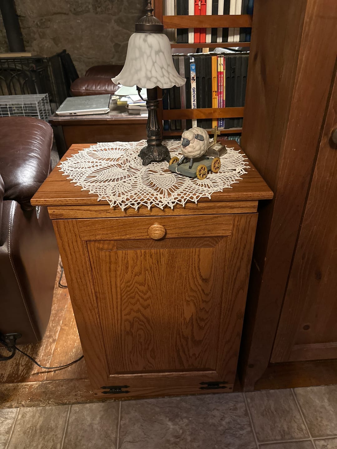 Customer photo review of Solid Oak Hideaway Pull Out Garbage Cabinet