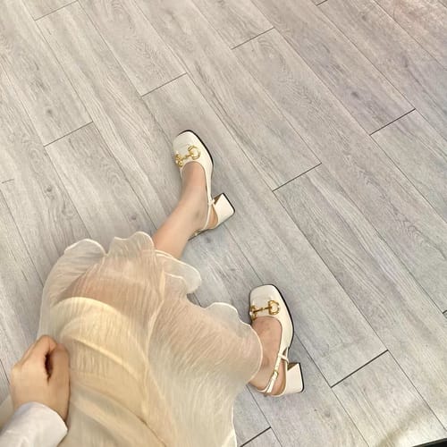 Customer photo review of Classic Metal Buckle Thick Heel Slingback Loafers