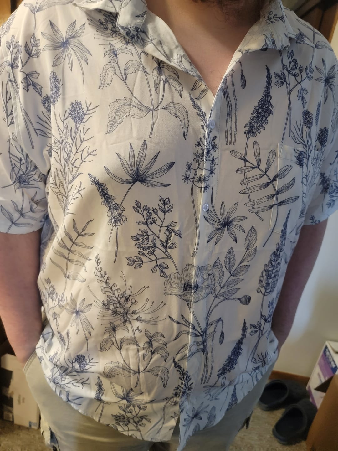 Customer photo review of Simple Botany Flowers Herbs White Blue Button Up Shirt