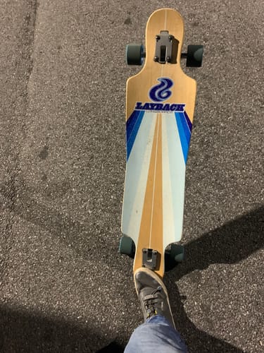 Customer photo review of Layback Sunstripe Blue 40" Complete Drop Through Longboard