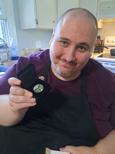 Customer photo review of 5 Year Sobriety Mint Winding River Gold Plated AA Recovery Medallion - Five Year Chip/Coin