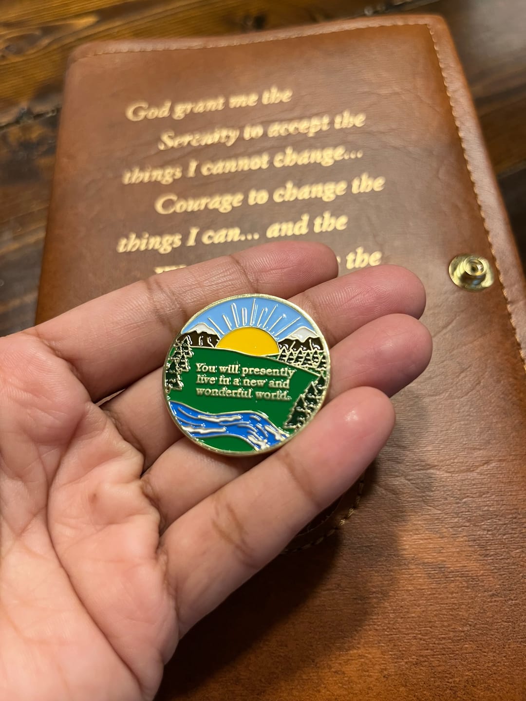 Customer photo review of 1 to 65 Year Sobriety Mint Winding River Gold Plated AA Recovery Medallion/Chip/Coin