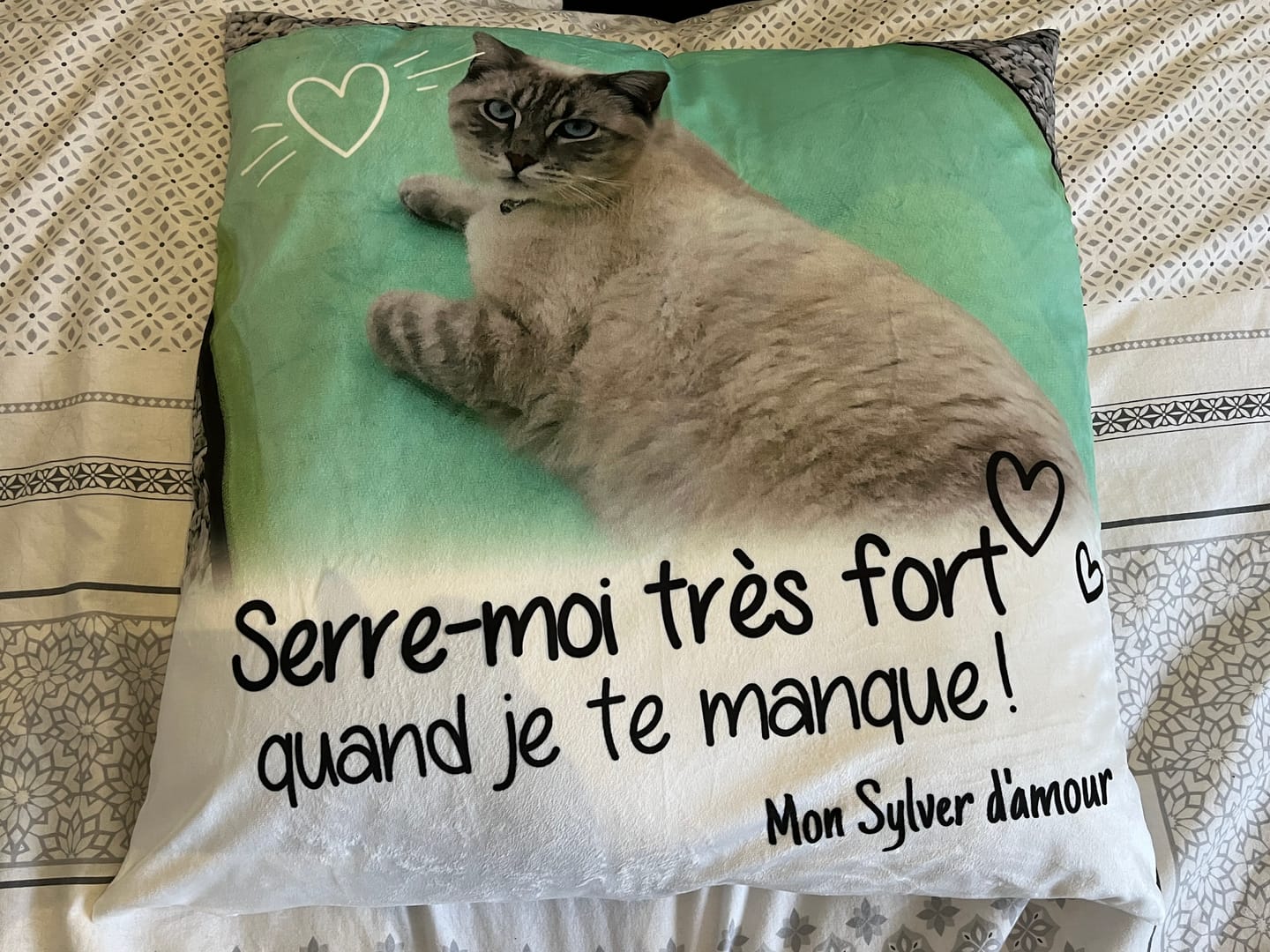 Customer photo review of Serre-moi très fort quand je te manque - Coussin personnalisé