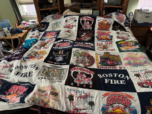 T-shirt quilt with firefighting, emergency services themes by Ray from CA