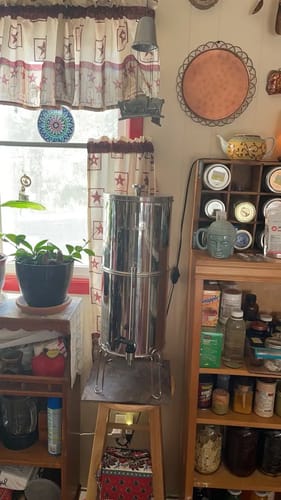 Customer photo review of Gravity-fed Water Filter System, 3G Stainless-Steel System with 6 Filters, Metal Water Level Spigot and Stand