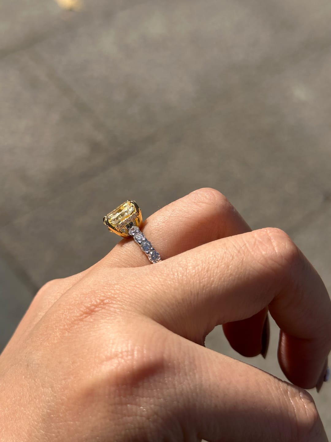 Customer photo review of Louily Stunning Two-tone Cushion Cut Yellow Sapphire Engagement Ring