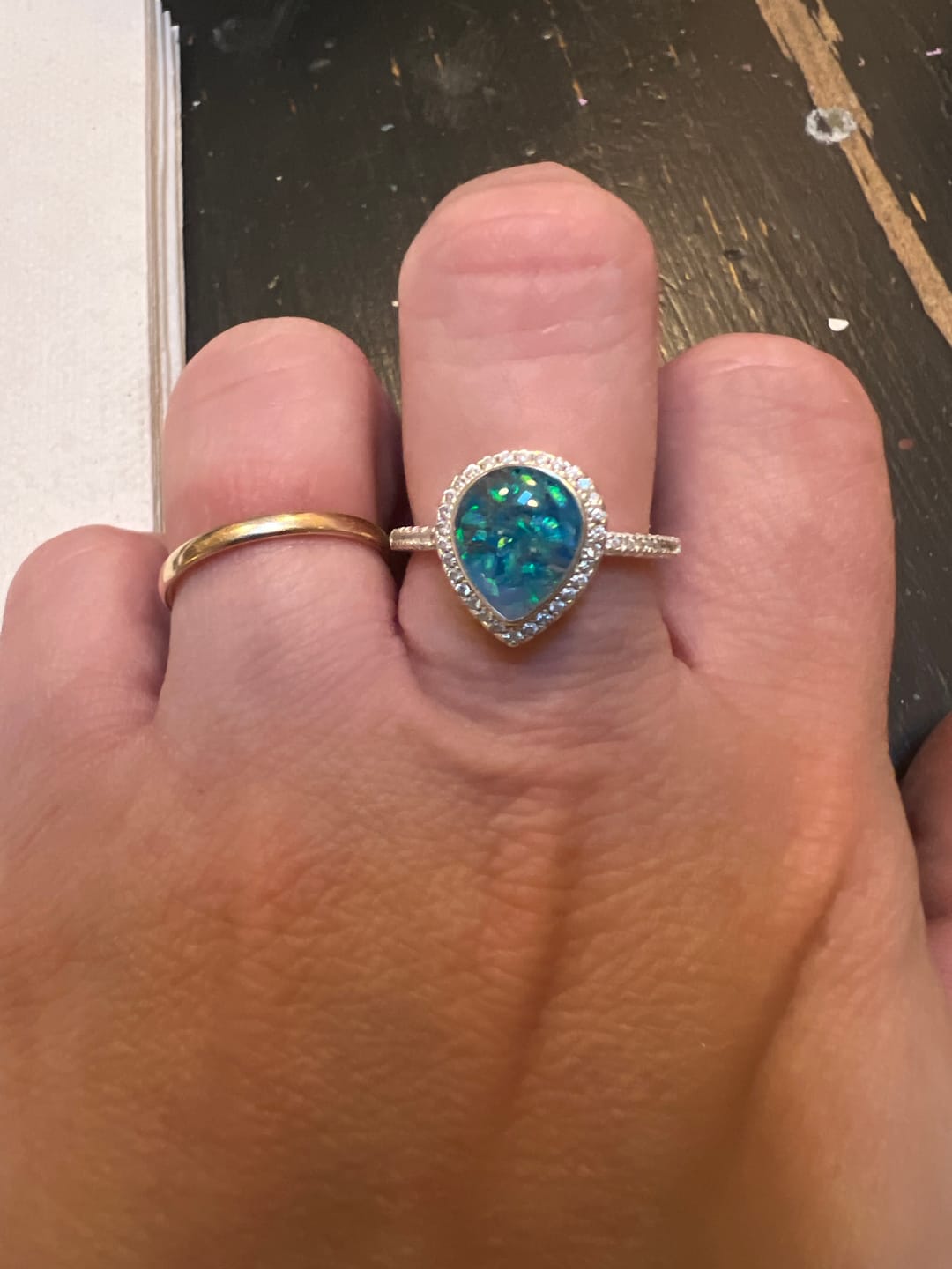 Customer photo review of Bedazzled Pear Opal Ring with Cremation Ashes