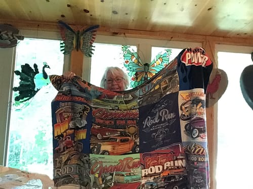 T-shirt quilt with classic cars, automotive culture themes by Lorraine from NC