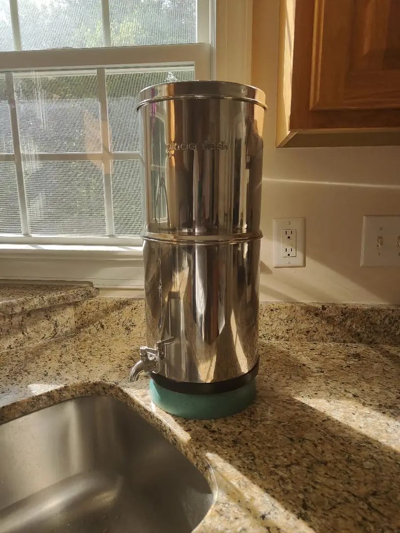 Customer photo review of Glacier Fresh Gravity-fed Water Filter System, 3G Stainless-Steel System with 6 Filters, Metal Water Level Spigot, and Stand