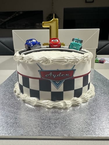 Customer photo review of Personalised Cars - Edible Icing Cake Wrap