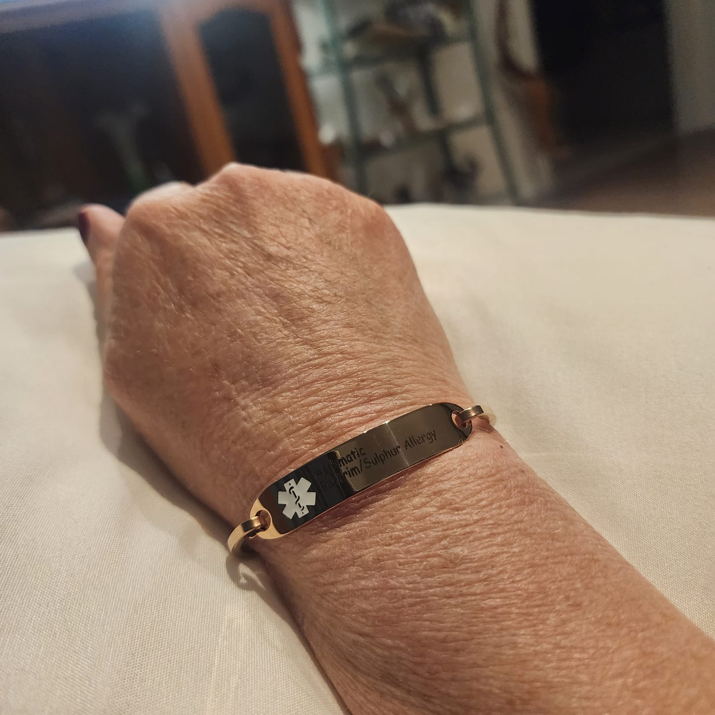 Customer photo review of Personalised Rose Gold Medical Alert ID Bangle Bracelet