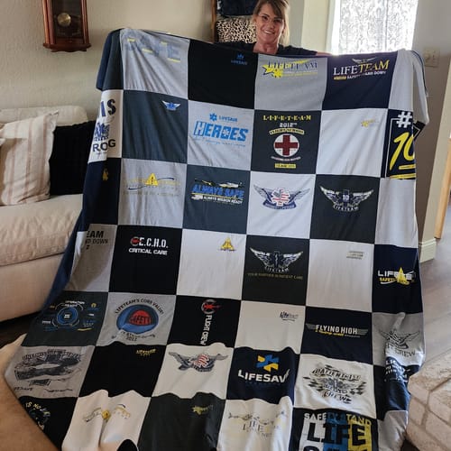 T-shirt quilt with emergency services, aeromedical services themes by Peggy from KS