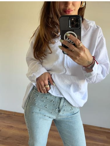 Customer photo review of High Rise Rhinestone Embellished Boot Cut Flared Jeans - Acid Wash
