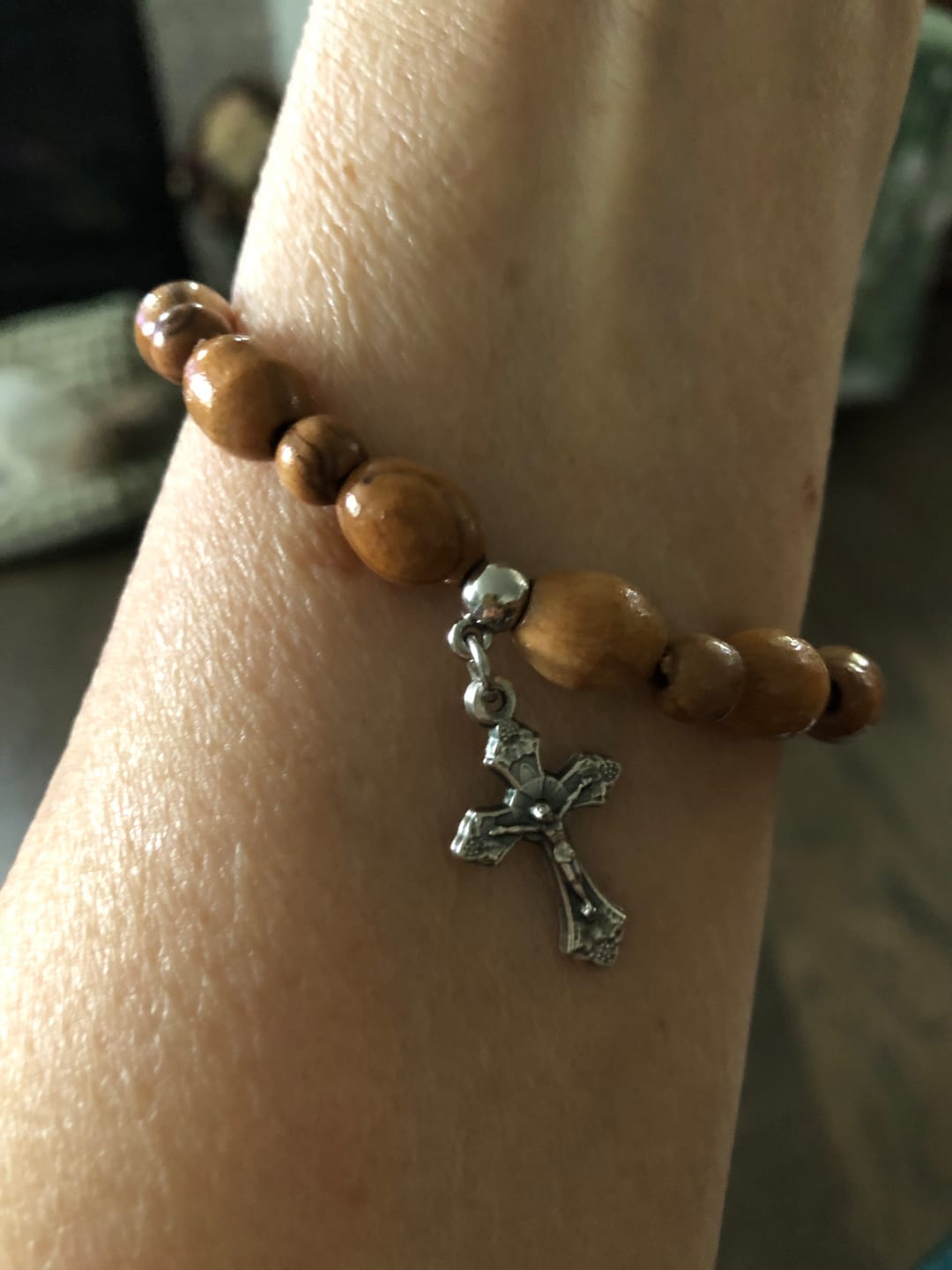 Customer photo review of Olive Wood Bracelet with Cross Pendant