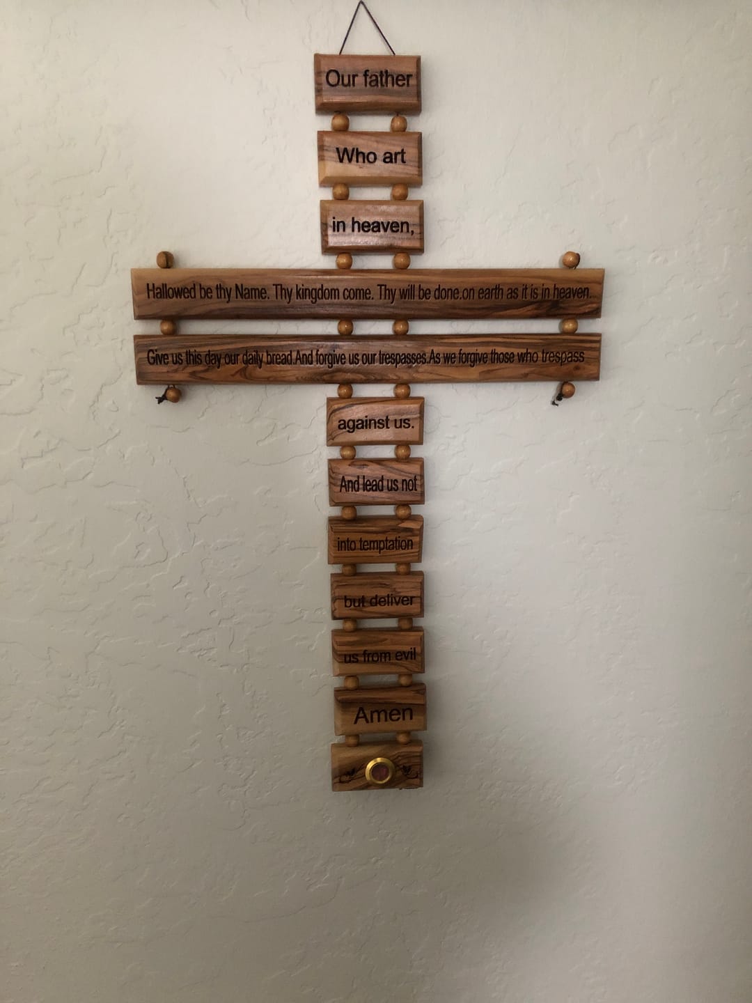 Customer photo review of Large Olive Wood Cross with Lord's Prayer - Holy Land Crosses