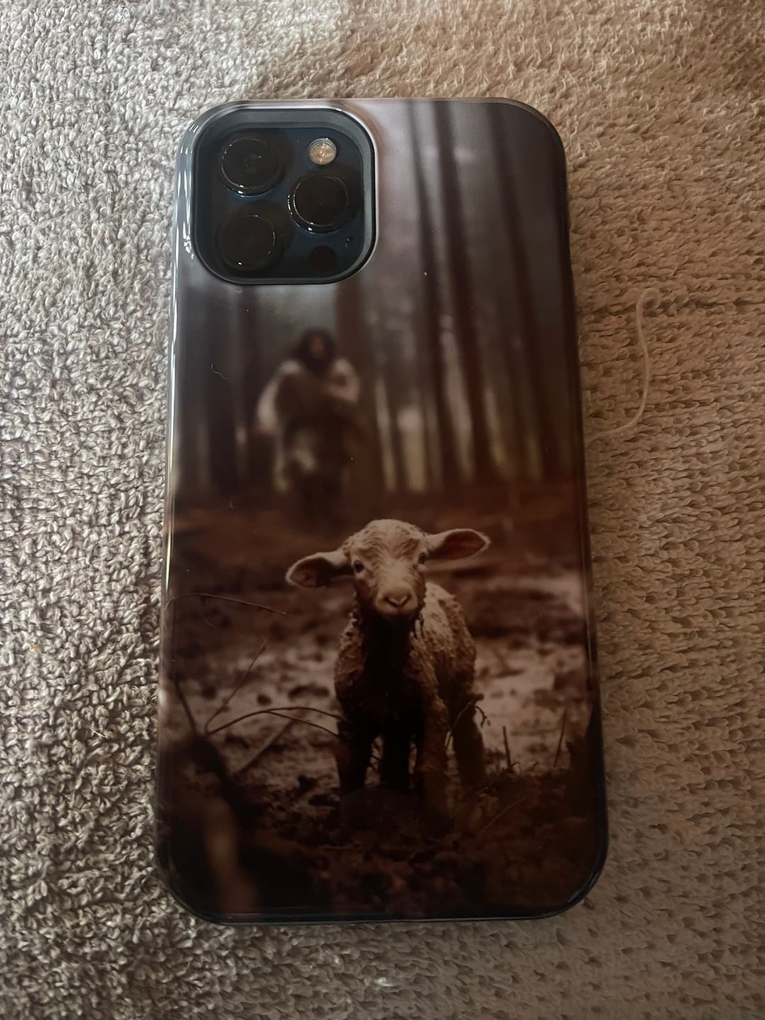 Customer photo review of Jesus With The Sheep, Jesus Running After Lamb, Phone Case