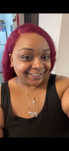 Customer photo review of 99J Burgundy Curly Hair Undetectable Glueless HD Lace Frontal Wig