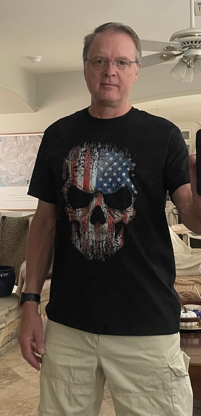 Customer photo review of USA Flag Skull T-Shirt