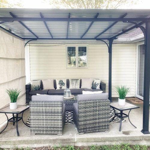 Customer photo review of Sunjoy 9' x 12' Black Steel Frame Pergola Kit with Retractable Beige Canopy Shade