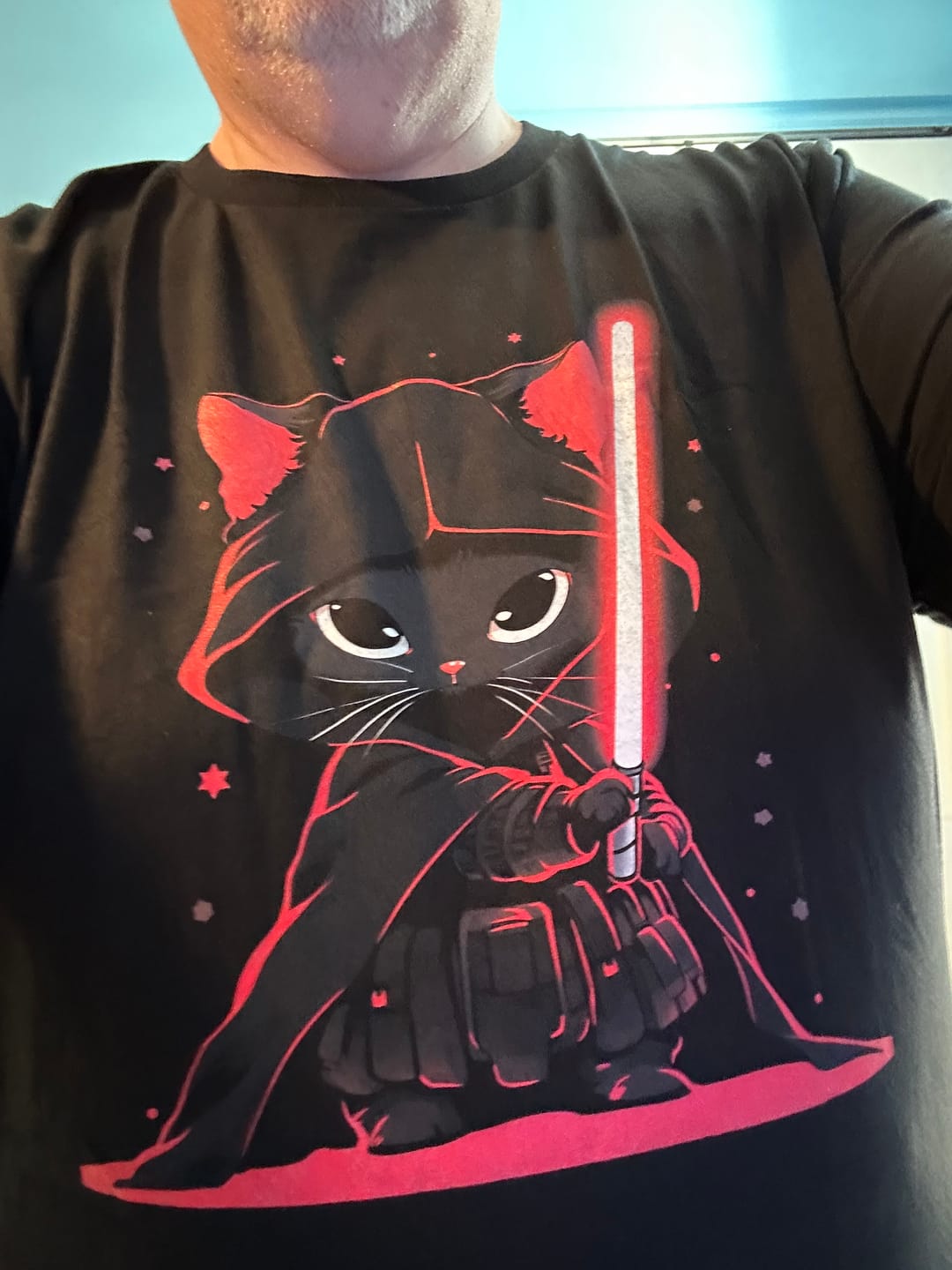 Customer photo review of Cat Vader T-Shirt: Embrace the Feline Dark Side!