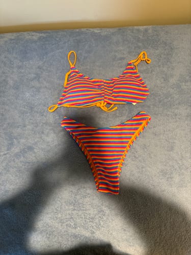 Customer photo review of Flocking Textured Colorful Stripes Cinched Ruched Design Bikini Set