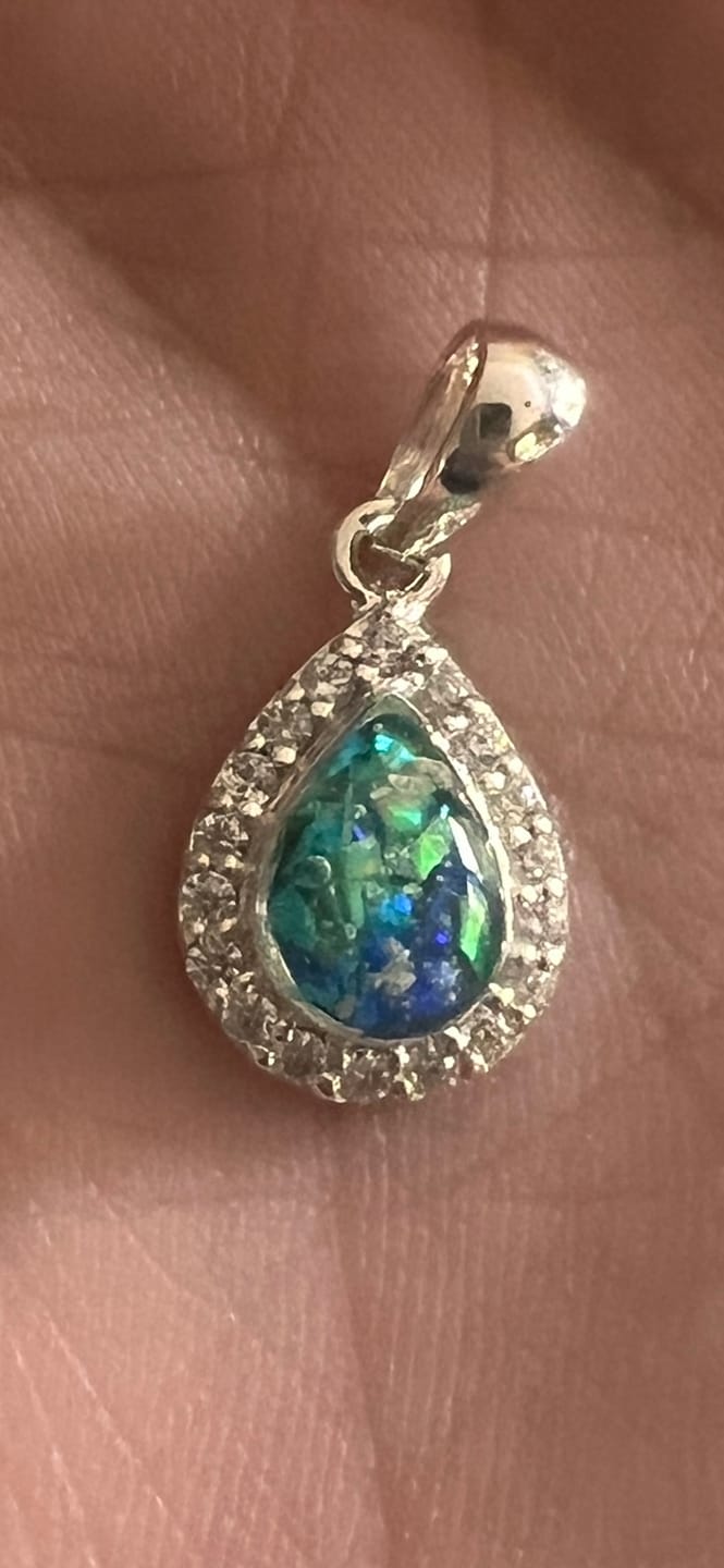 Customer photo review of Dainty Bedazzled Drop Pendant with Cremation Ashes
