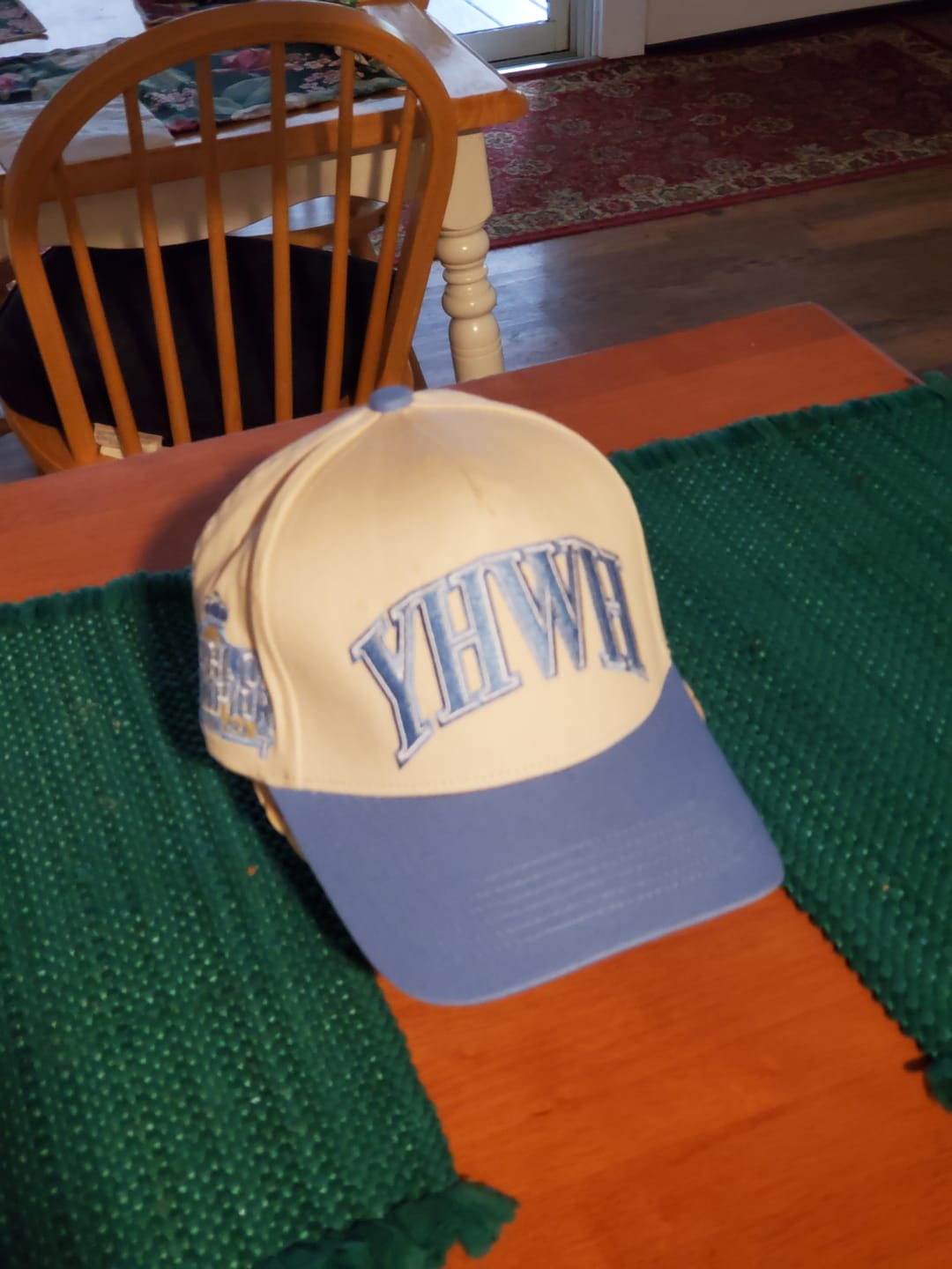 Customer photo review of ‘YHWH’ Structured SnapBack - Cream/Baby Blue