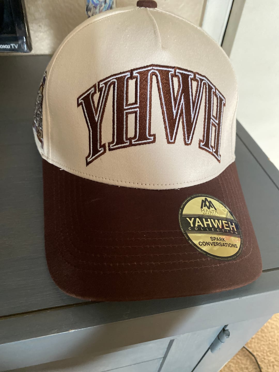 Customer photo review of ‘YHWH’ Structured SnapBack - Cream/Brown