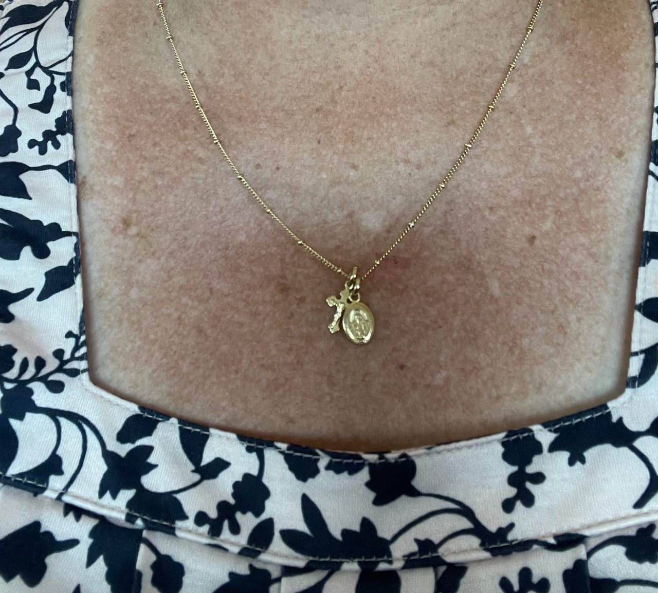 Customer photo review of Petite Miraculous Medal + Petite Crucifix Gold Filled Satellite Chain Necklace
