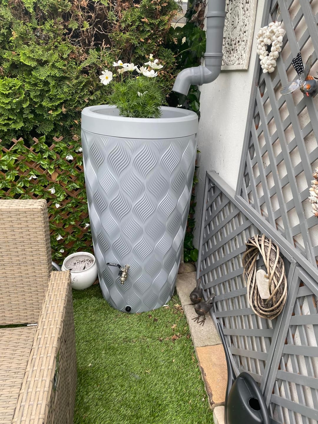 Customer photo review of YourCasa Regentonne 240 Liter [Seabreeze Flower] - Nachhaltige Bewässerung im Garten