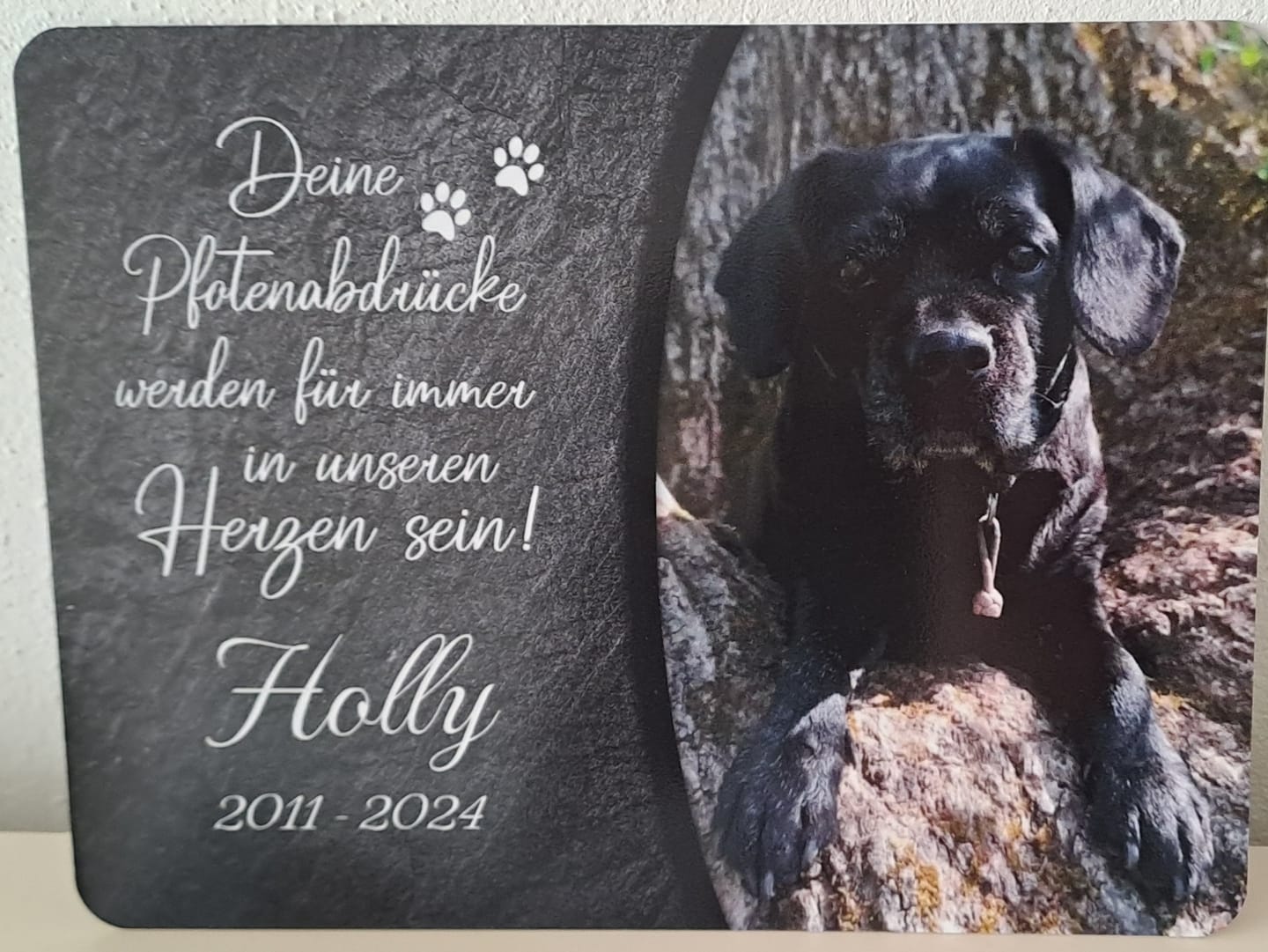 Customer photo review of Hunde Gedenktafel mit Foto & Spruch (UV- & Wetterfest)