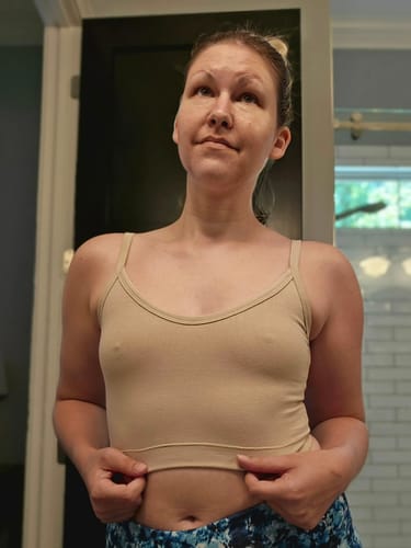 Customer photo review of Hebe Beige Backless Crop Tank Top
