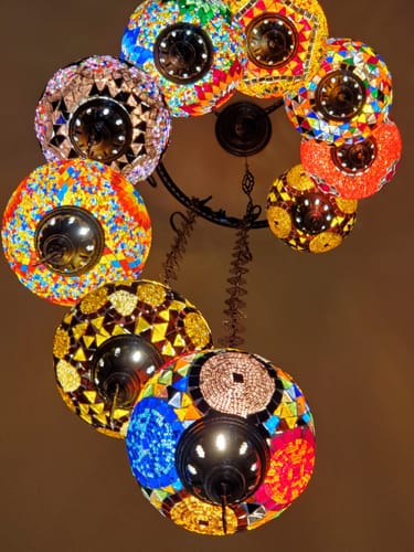 Customer photo review of 9-BALL TURKISH  MOSAIC CHANDELIER WITH LARGE GLOBES, SOFT MIX