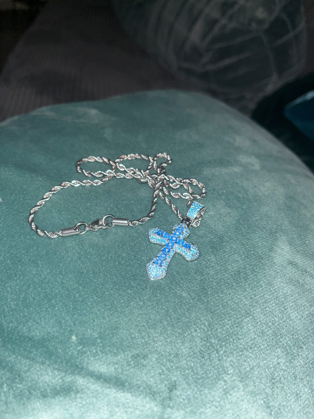 Customer photo review of BLUE CROSS PENDANT. - WHITE GOLD