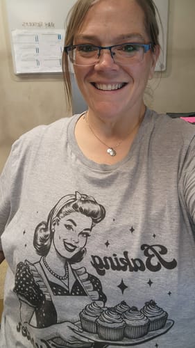 Customer photo review of Baking Because Murder Is Wrong T-Shirt