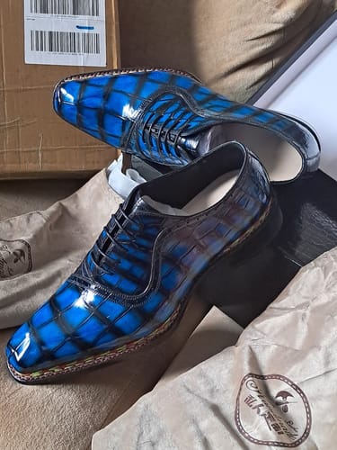 Customer photo review of Preorder Crocodile Shoes Men's  Crocodile Leather  Norwegian Stitching Lace Up Dress Shoes Vintage Blue