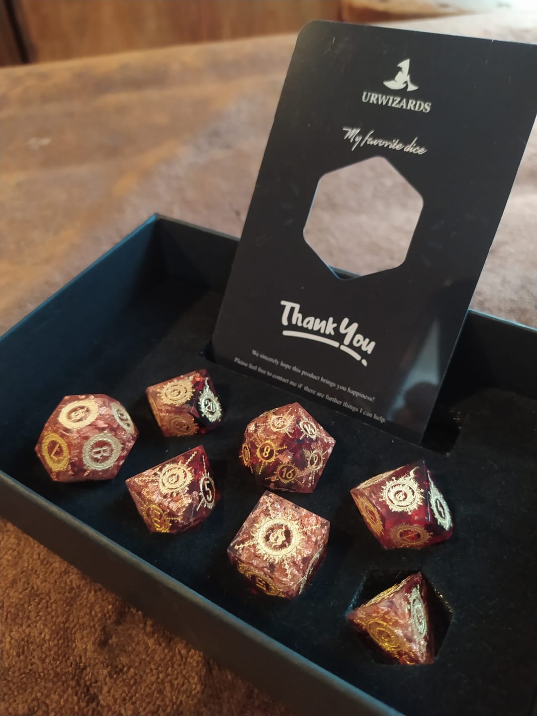 Customer photo review of Handmade Sharp Edge Resin Dice Set -Flame Dungeon-