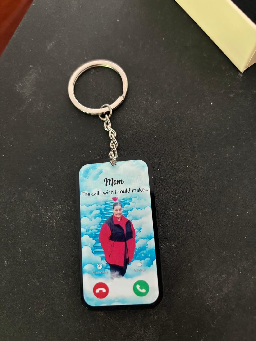 Customer photo review of The Call I Wish Memorial Sympathy Gift - Photo Inserted Different On 2 Sides Personalized Keychain