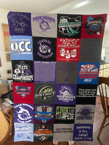 T-shirt quilt featuring tiger sharks swim team by Jeannie from OH