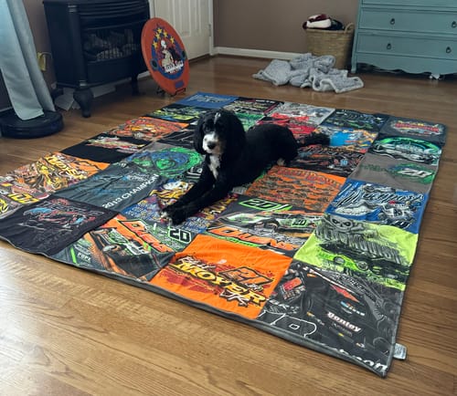 T-shirt quilt with monster trucks, motorsports themes by Dana from KY