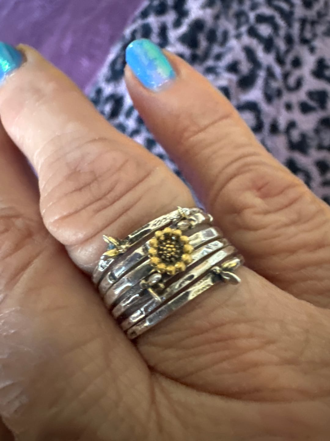 Customer photo review of Bees and Sunflower Stacking Ring Set Sterling Silver