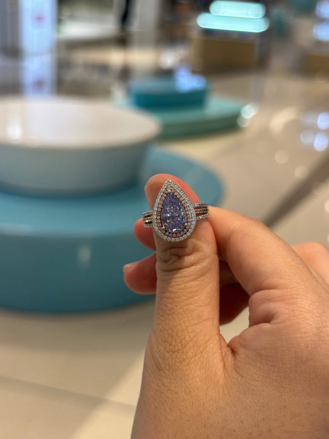 Customer photo review of Louily Luxurious Double Halo Pear Cut Aquamarine Blue/Purple Engagement Ring In Sterling Silver